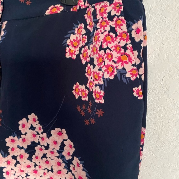 Grayson Navy Blue Pink Cherry Blossom Print Straight Ankle Leg Workwear Pants L - Picture 6 of 11
